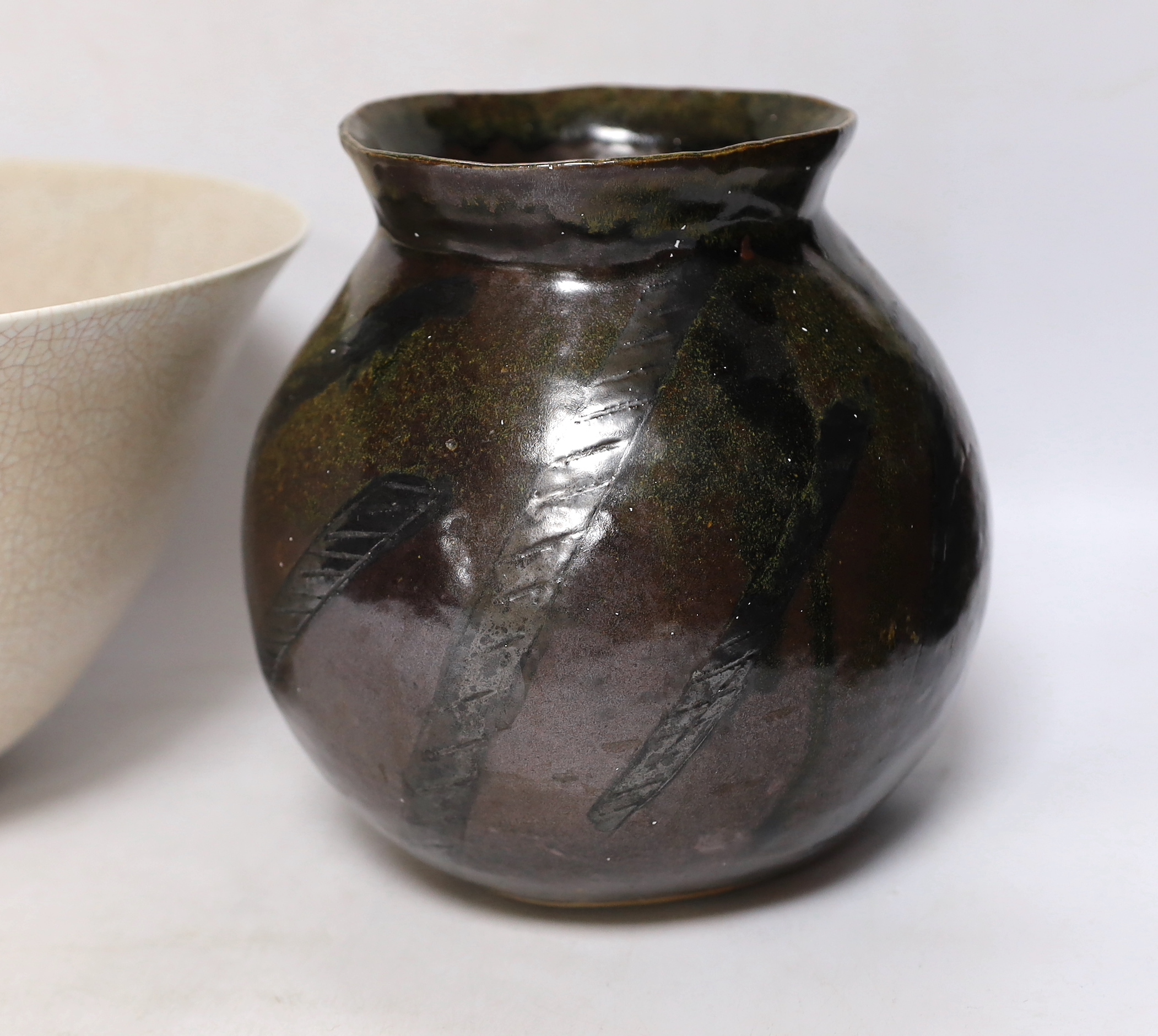 Tim Andrews, a bowl and a studio pottery crackleware vase, tallest 19cm high
